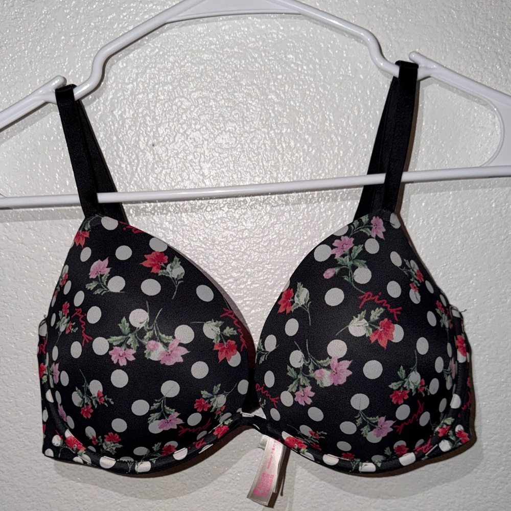 PINK Victoria's Secret Black Polka Dot Bra with Pink & Red Floral Print
